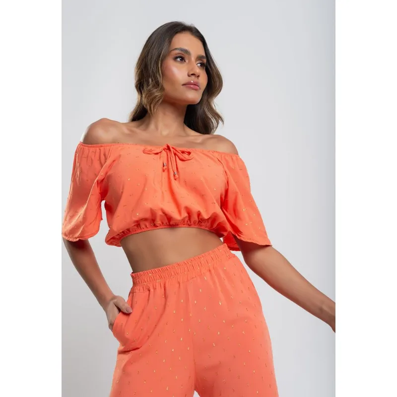 Cropped Ciganinha Viscose Com Lurex Laranja Salvatore Tamanho M