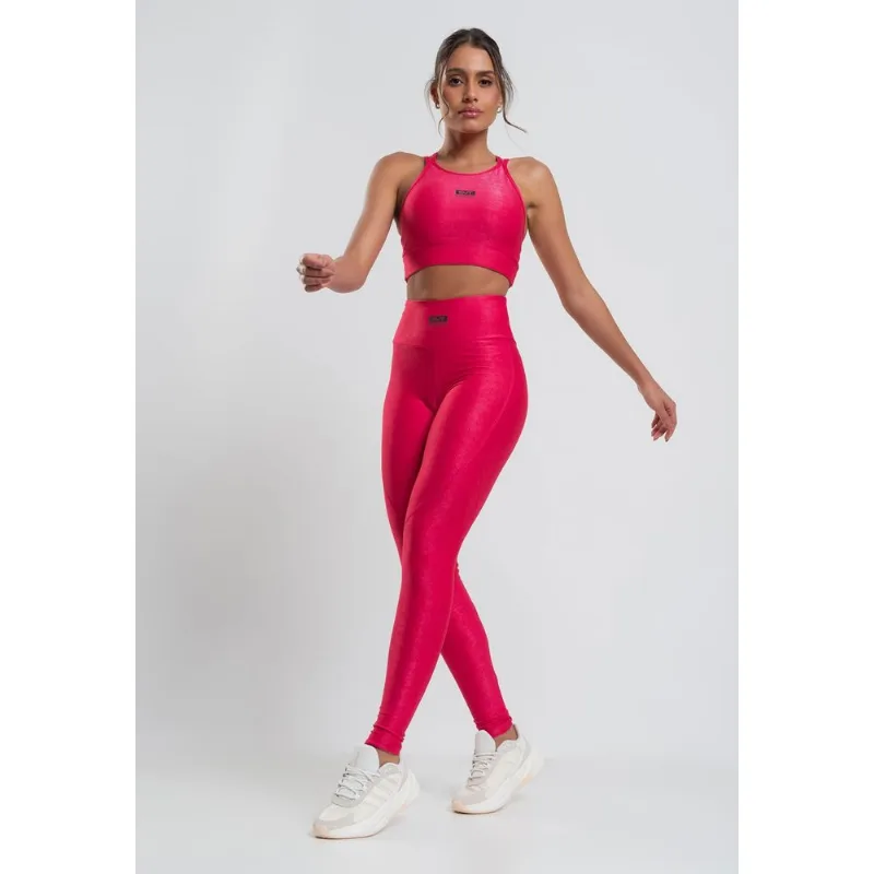 Calça Legging Suplex Canelada com Brilho e Recortes Rosa Salvatore Tamanho P