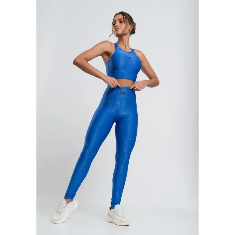 Calça Legging Suplex Canelada com Brilho e Recortes Azul Salvatore Tamanho P