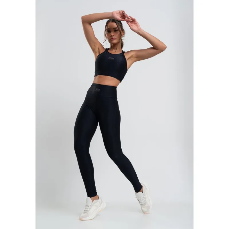 Calça Legging Suplex Canelada com Brilho e Recortes Preto Salvatore Tamanho P