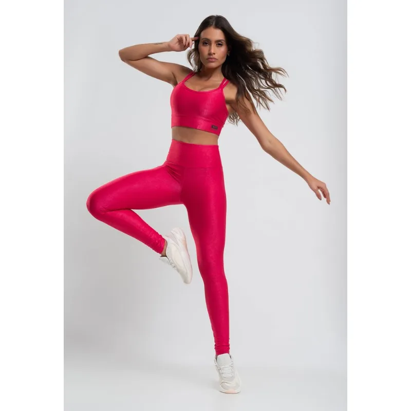 Calça Legging Suplex Canelada Brilho Básica Rosa Salvatore Tamanho M