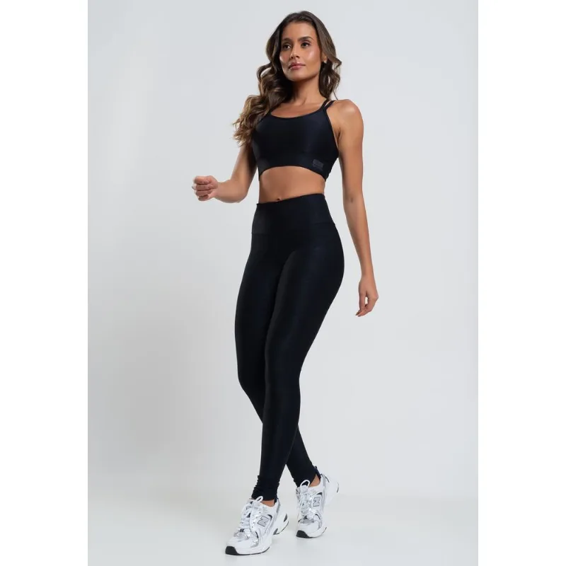 Calça Legging Suplex Canelada Brilho Básica Preto Salvatore Tamanho G