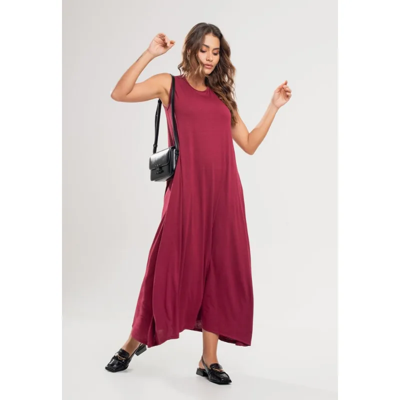 Vestido Longo Regata Com Bolsos Vinho Salvatore Tamanho G