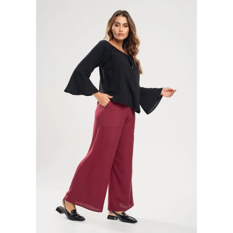 Calça Pantalona Com Bolso Viscolinho Vinho Salvatore Tamanho P
