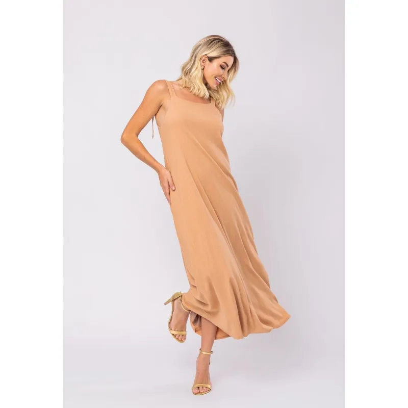 Vestido Midi Viscolinho Premium com Alças Bege Salvatore Tamanho G