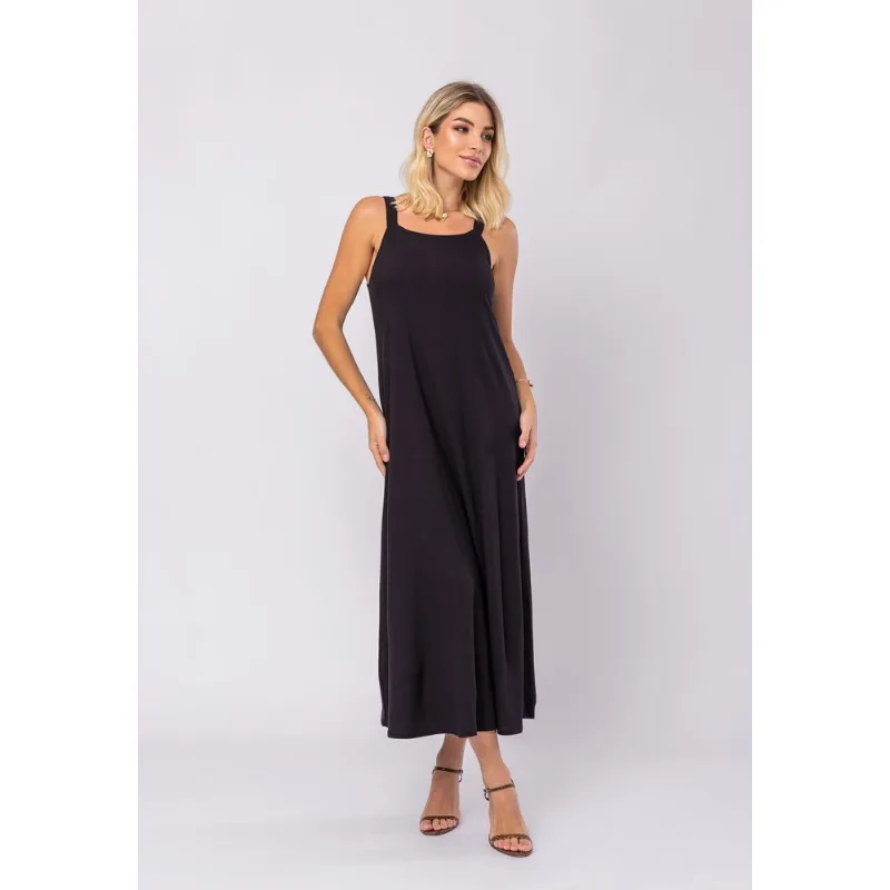 Vestido Midi Viscolinho Premium com Alças Preto Salvatore Tamanho M