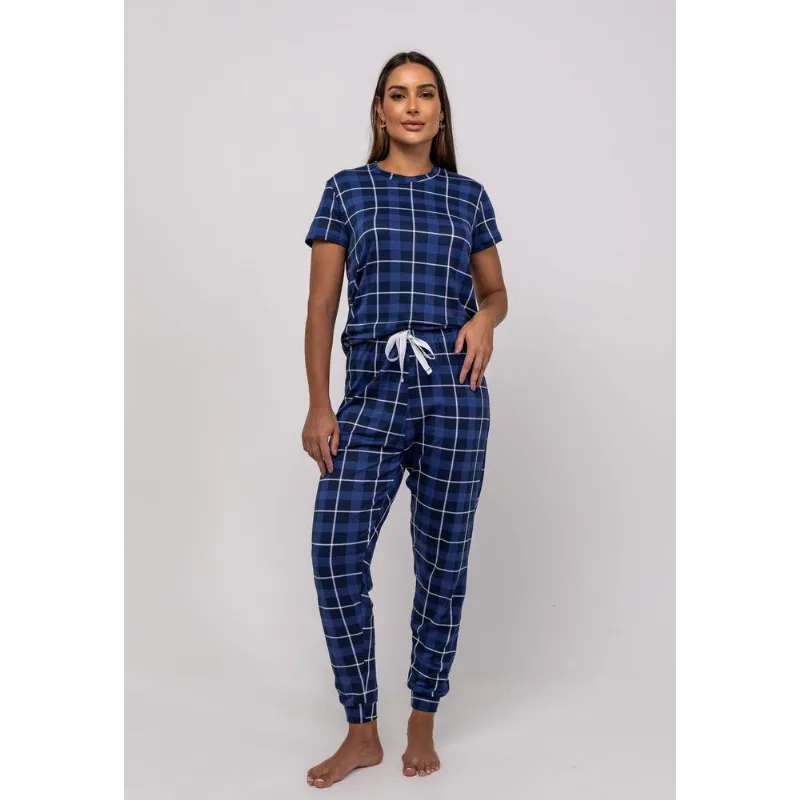 Pijama Calça e Blusa M/C Malha Xadrez Azul Salvatore Tamanho M