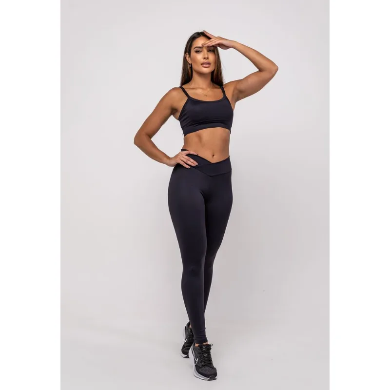 Calça Legging Suplex Poliamida Cós Assimétrico Preto Salvatore Tamanho G