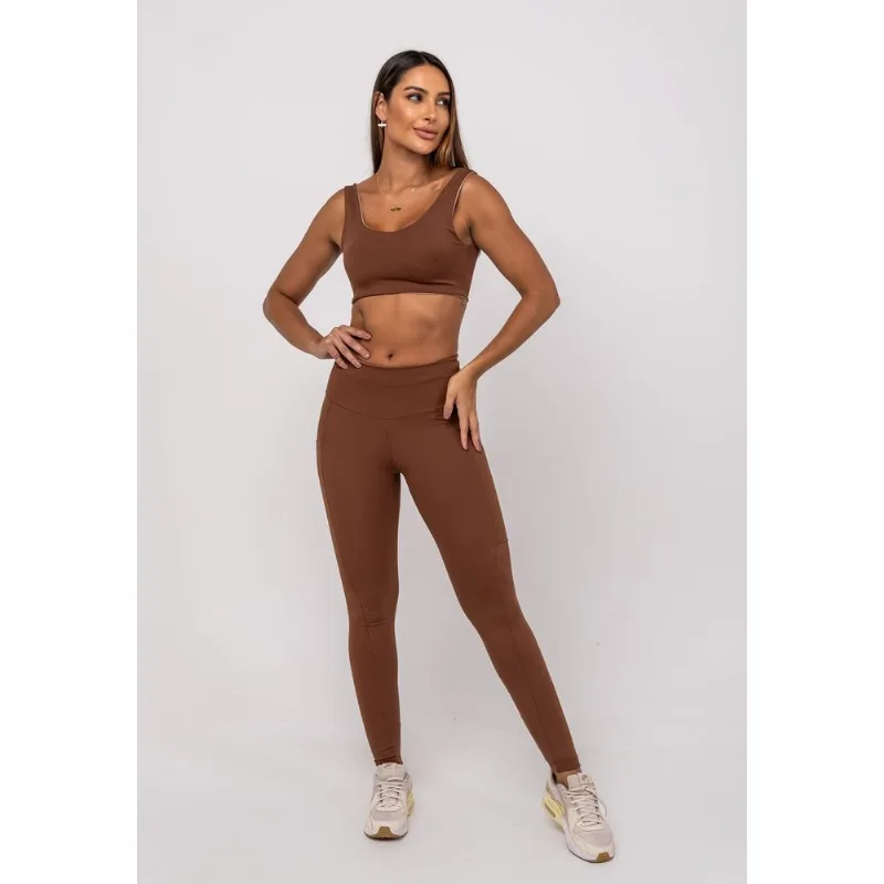 Calça Legging Suplex Poliamida Com Bolso Quadrado Marrom Salvatore Tamanho P