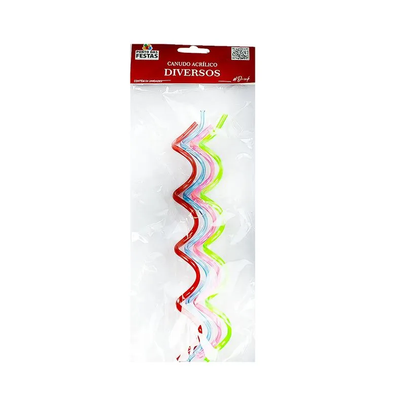 Canudo Acrilico Ondulado Divertido 23CM com 4 Unidades Ponto das Festas Canudo de Acrilico Ondulado Divertido 23CM Ponto das Festas
