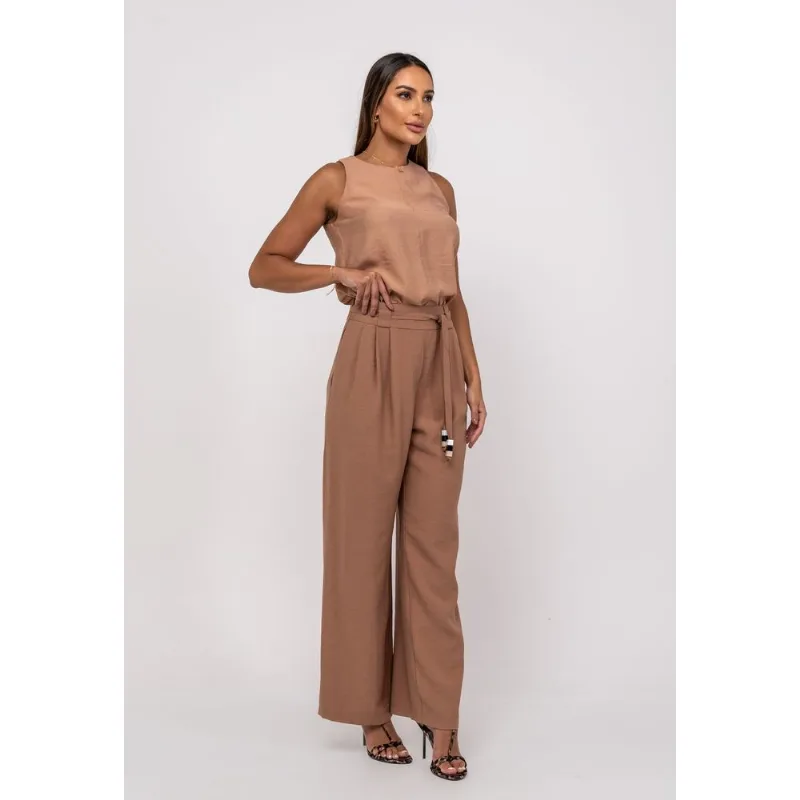 Calça Alfaiataria Wide Leg Com Faixa Bege Salvatore Tamanho P