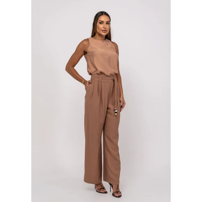 Calça Alfaiataria Wide Leg Com Faixa Bege Salvatore Tamanho G
