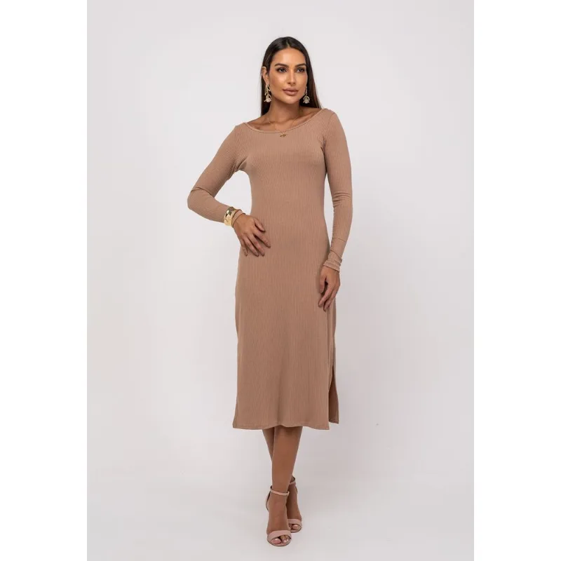Vestido Midi M/L Decote Canoa Canelado Bege Salvatore Tamanho P