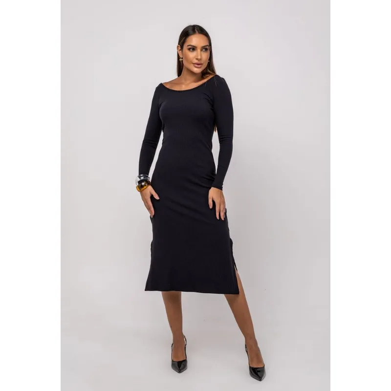 Vestido Midi M/L Decote Canoa Canelado Preto Salvatore Tamanho G