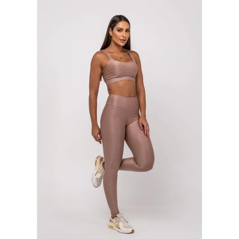 Calça Legging Suplex Canelada Brilho Básica Marrom Salvatore Tamanho P
