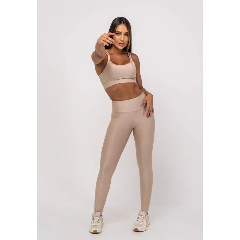 Calça Legging Suplex Canelada Brilho Básica Bege Salvatore Tamanho M