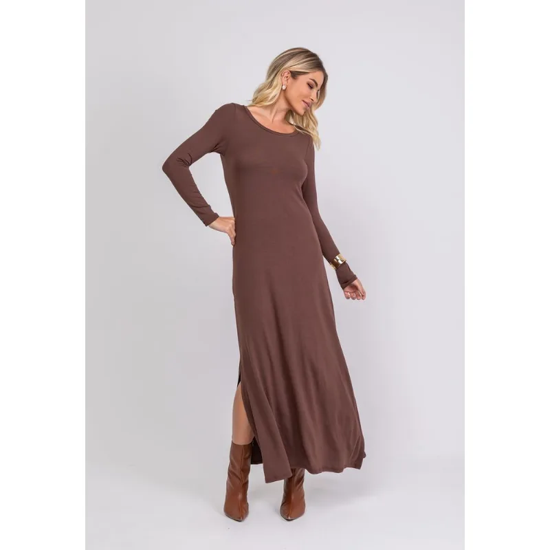 Vestido Longo Manga Longa Malha Marrom Salvatore Tamanho G