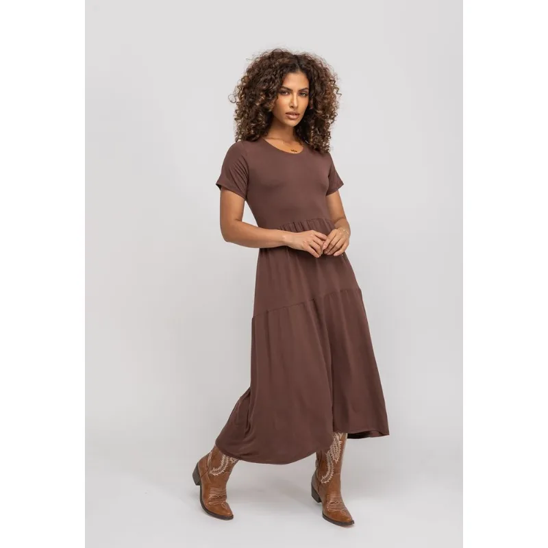 Vestido Midi Manga Curta Com Babado Marrom Salvatore Tamanho P