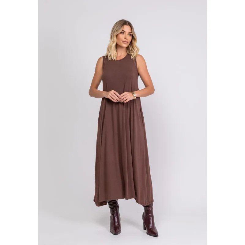 Vestido Longo Regata Com Bolsos Marrom Salvatore Tamanho P