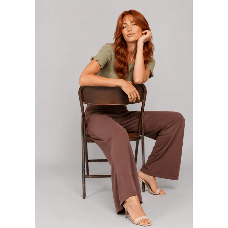 Calça Wide Leg Com Bolso Malha Marrom Salvatore Tamanho P