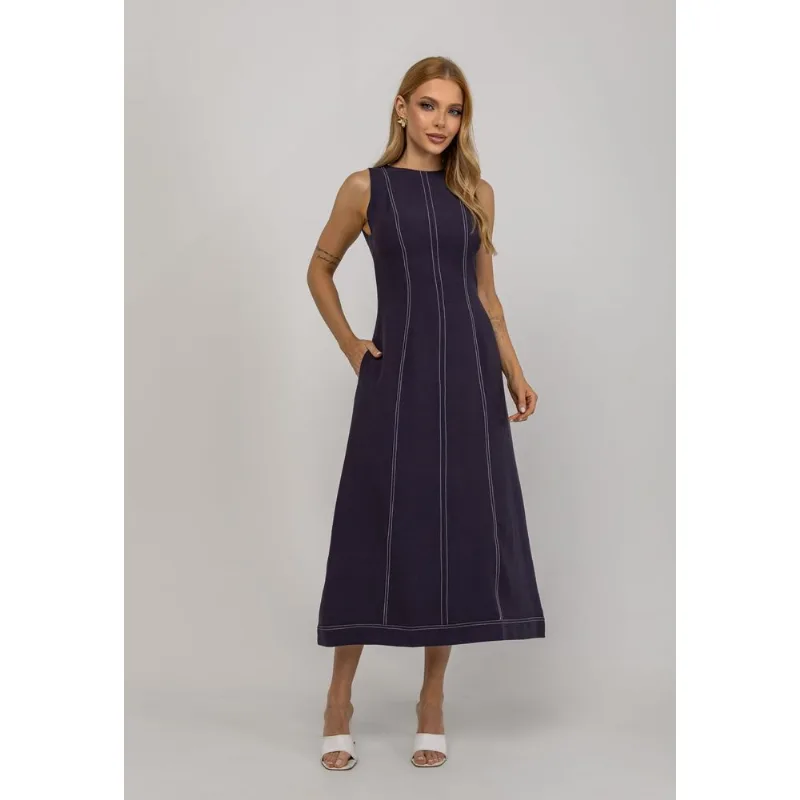 Vestido De Alfaiataria Midi Com Costura Contrastantes Azul Salvatore Tamanho M