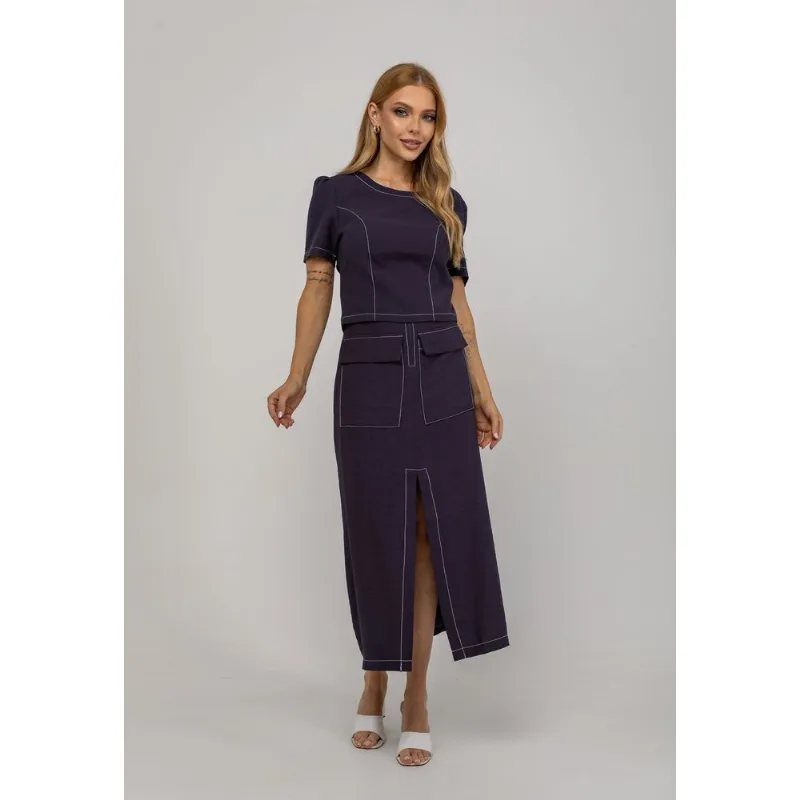 Saia De Alfaiataria Midi Com Bolsos Frontais e Fenda Azul Salvatore Tamanho P