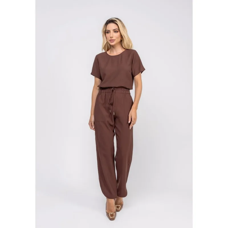 Blusa Alfaiataria Básica Manga Curta Marrom Salvatore Tamanho P