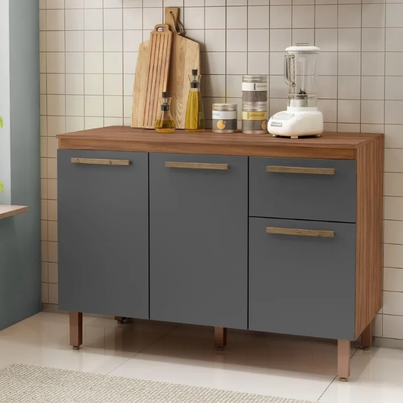 Balcão Cozinha Pop 120cm 3 Portas 1 Gaveta Freijó/Chumbo