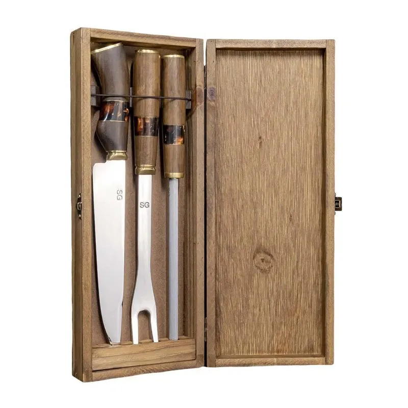 Conjunto Caixa De Madeira Kit Churrasco Artesanal Sg - 8''