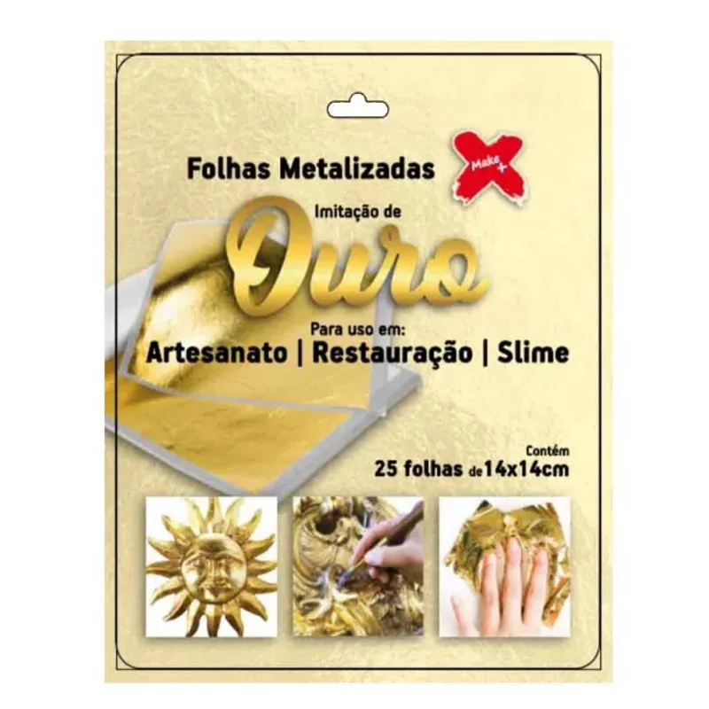 Folhas Metalizadas 14x14cm Com 25 Folhas Ouro Make+
