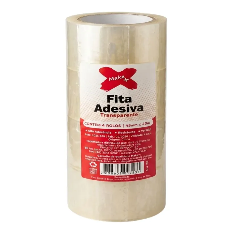 Fita Adesiva Make + 45mmx40 Metros Transparente com 4 Unidades