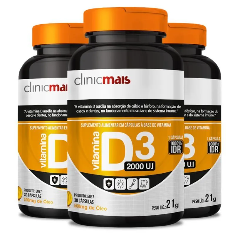 Kit 3 Vitamina D3 2000 U.i 500mg Clinicmais 30 Cápsulas