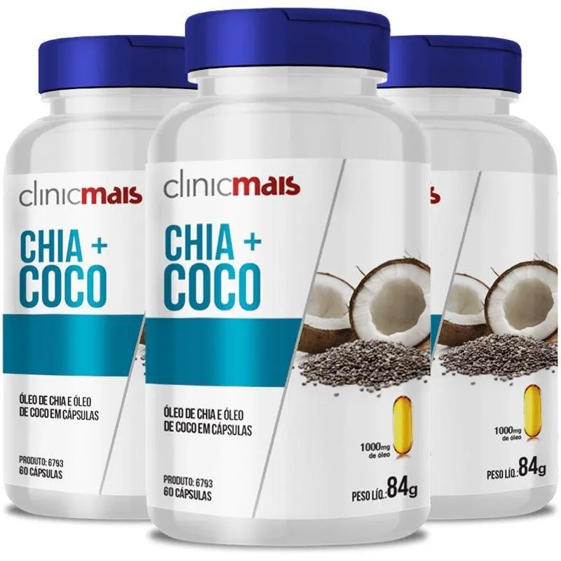 Kit 3 Óleo De Chia + Óleo De Coco 1g Clinicmais 60 Cápsulas
