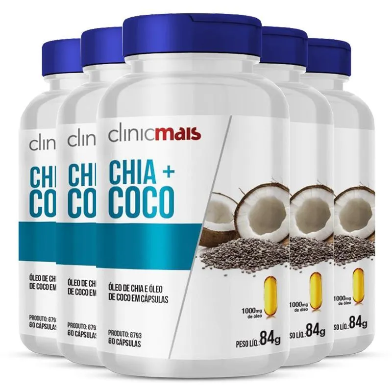 Kit 5 Óleo De Chia + Óleo De Coco 1g Clinicmais 60 Cápsulas