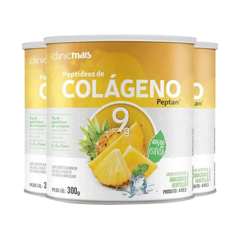 Kit 3 Colágeno Hidrolisado Peptan 9g Clinic Mais Abacaxi com Hortelã