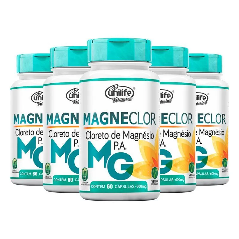 Kit 5 Cloreto De Mag. Magneclor 600mg Unilife 60 Cápsulas