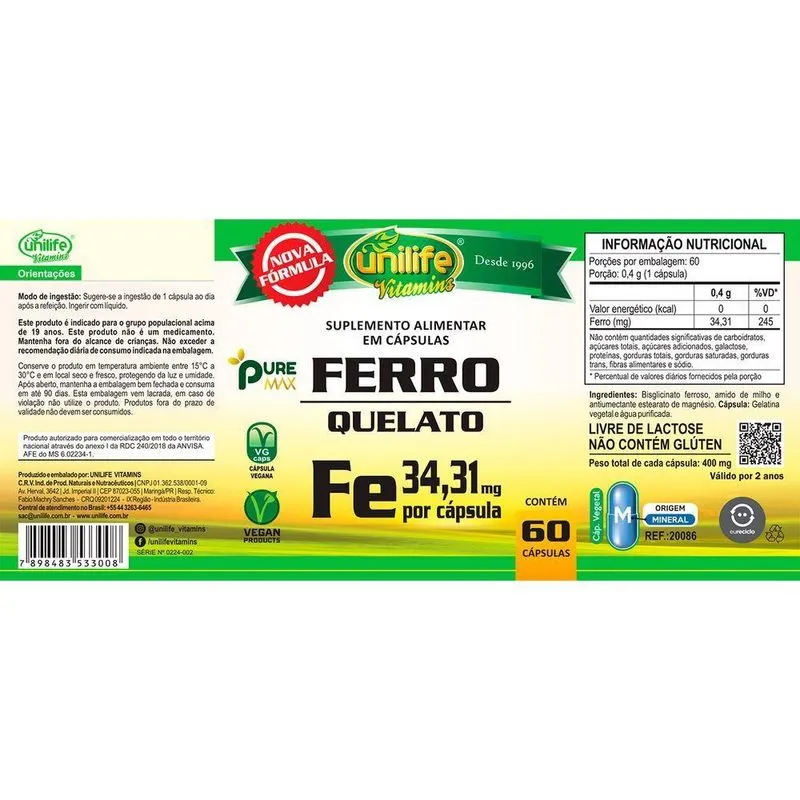 Kit 3 Ferro Quelato Fe Unilife 60 Cápsulas