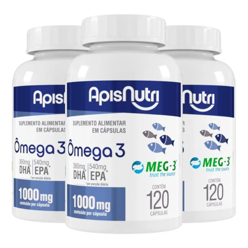 Kit 3 Ômega 3 Óleo De Peixe 1000mg Apisnutri 120 Cápsulas