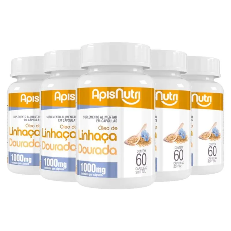 Kit 5 Óleo De Linhaça Dourada 1000mg Apisnutri 60 Cápsulas