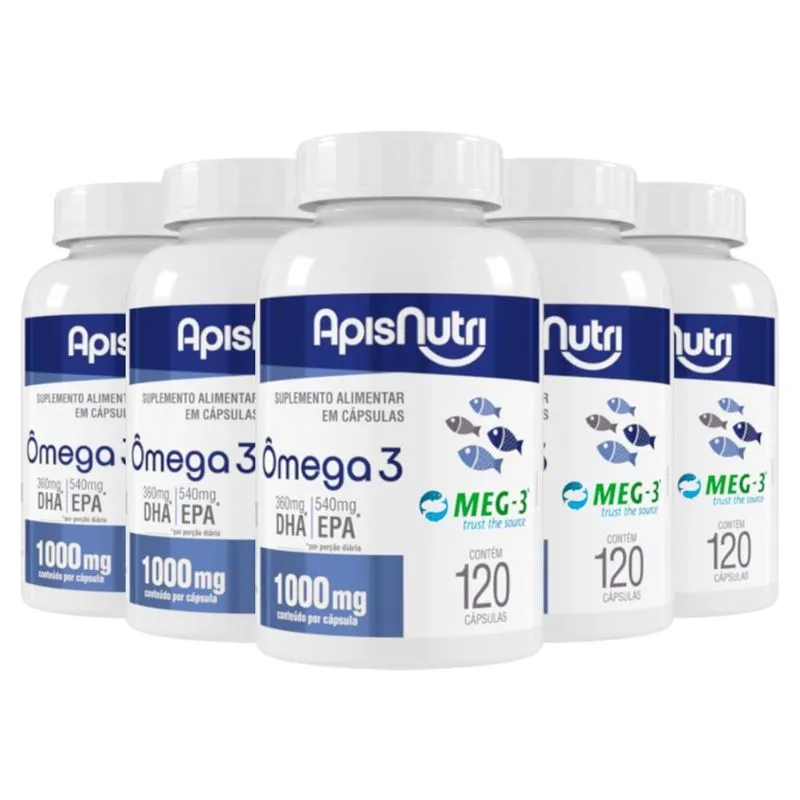 Kit 5 Ômega 3 Óleo De Peixe 1000mg Apisnutri 120 Cápsulas