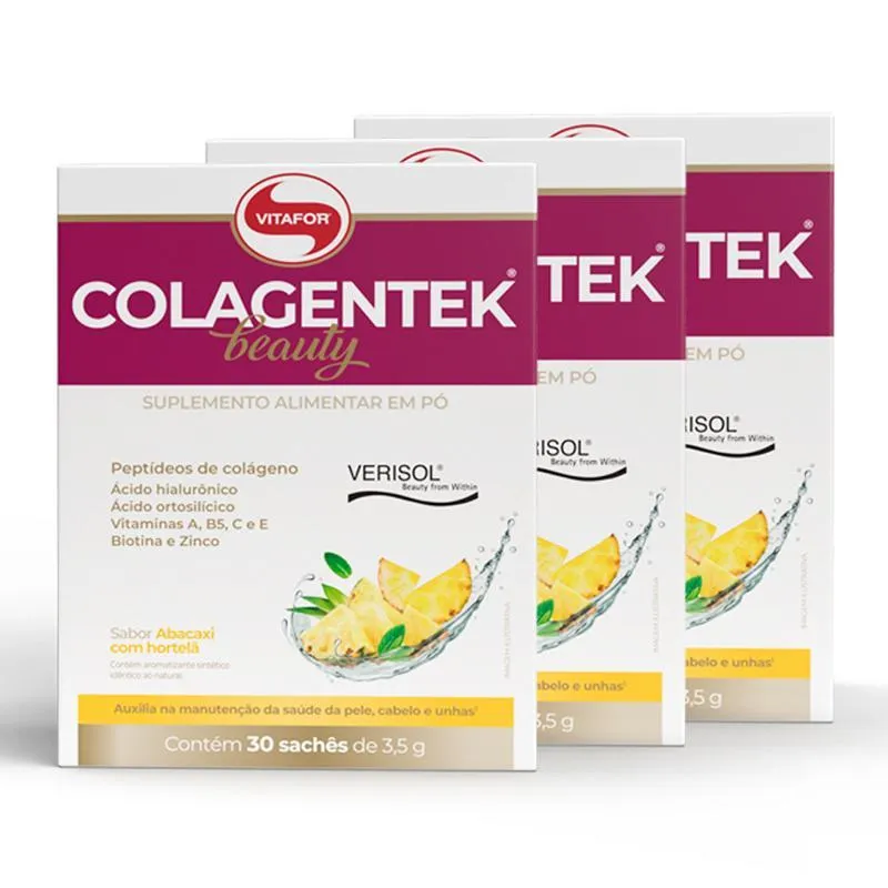 Kit 3 Colagentek Beauty Vitafor 30 Sachês Abacaxi Hortelã