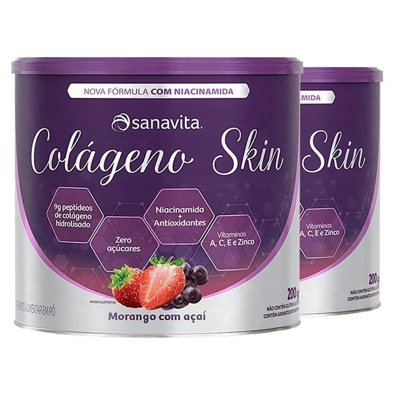 Kit 2 Colágeno Skin Niacinamida Sanavita Morango E Açaí 200g