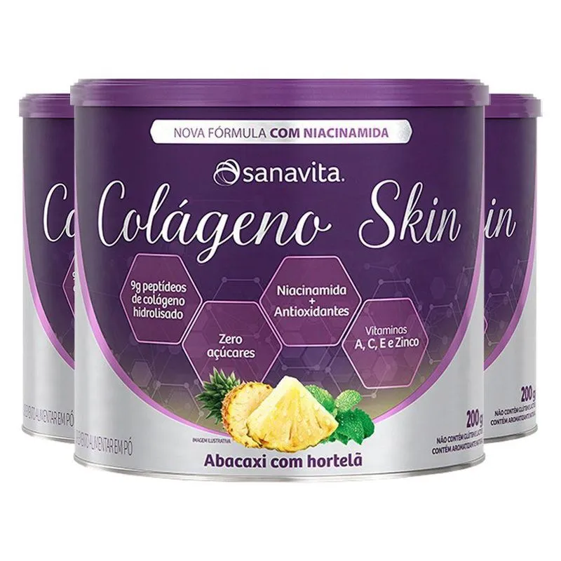 Kit 3 Colágeno Skin Niacinamida Sanavita Abacaxi Com Hortelã 200g