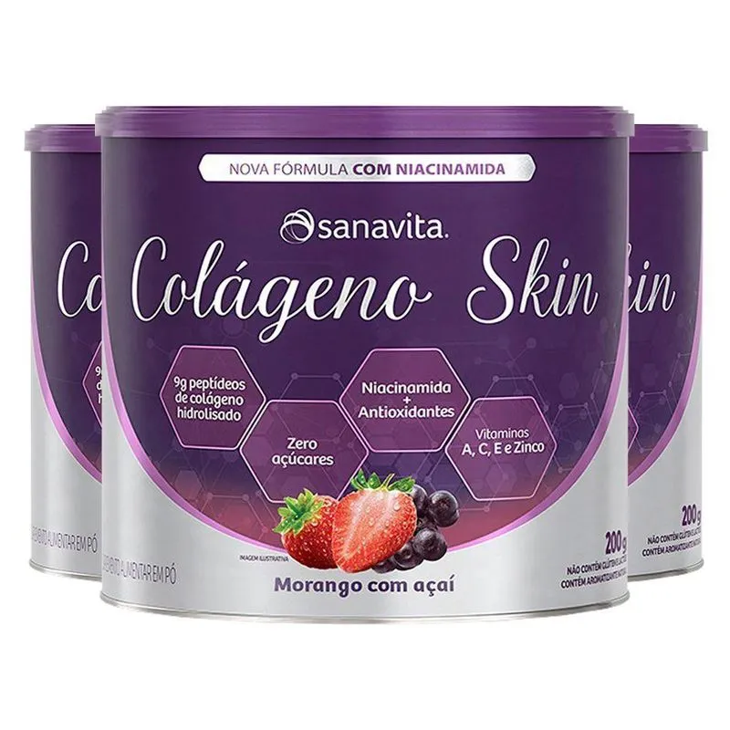 Kit 3 Colágeno Skin Niacinamida Sanavita Morango E Açaí 200g