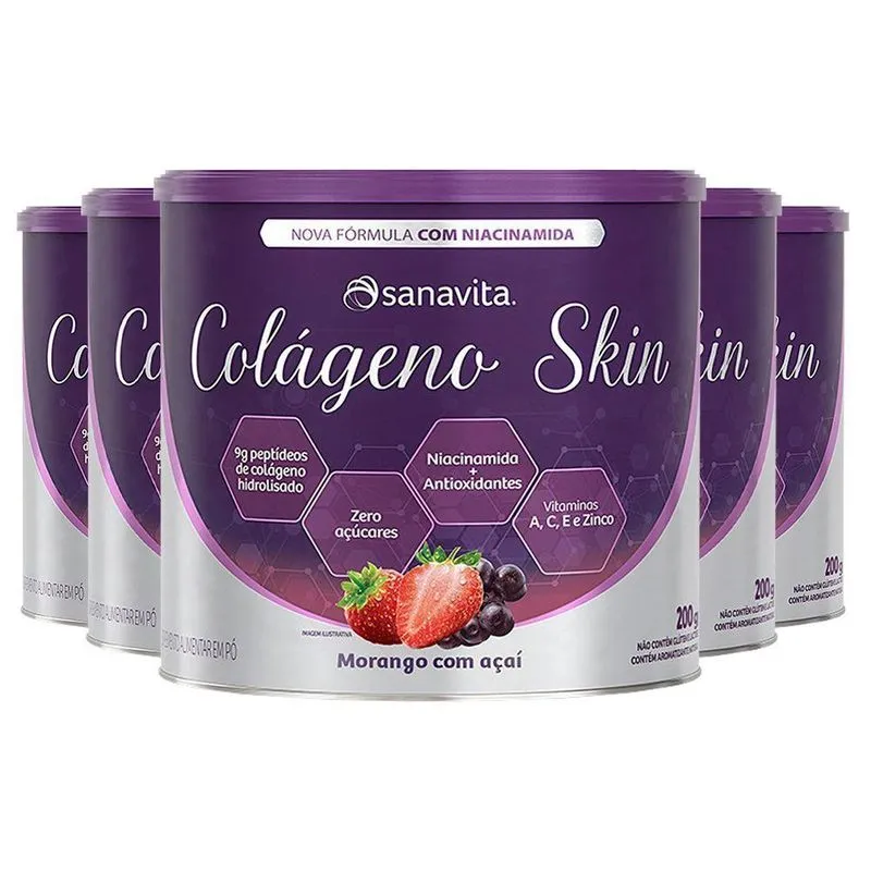 Kit 5 Colágeno Skin Niacinamida Sanavita Morango E Açaí 200g