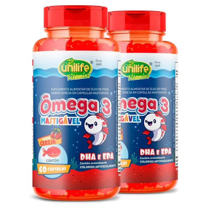Kit 2 Ômega 3 Kids Mastigável Unilife Cereja 60 cápsulas