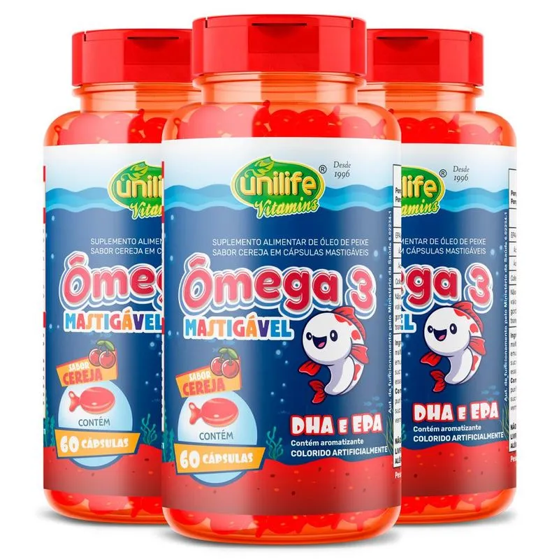 Kit 3 Ômega 3 Kids Mastigável Unilife Cereja 60 cápsulas