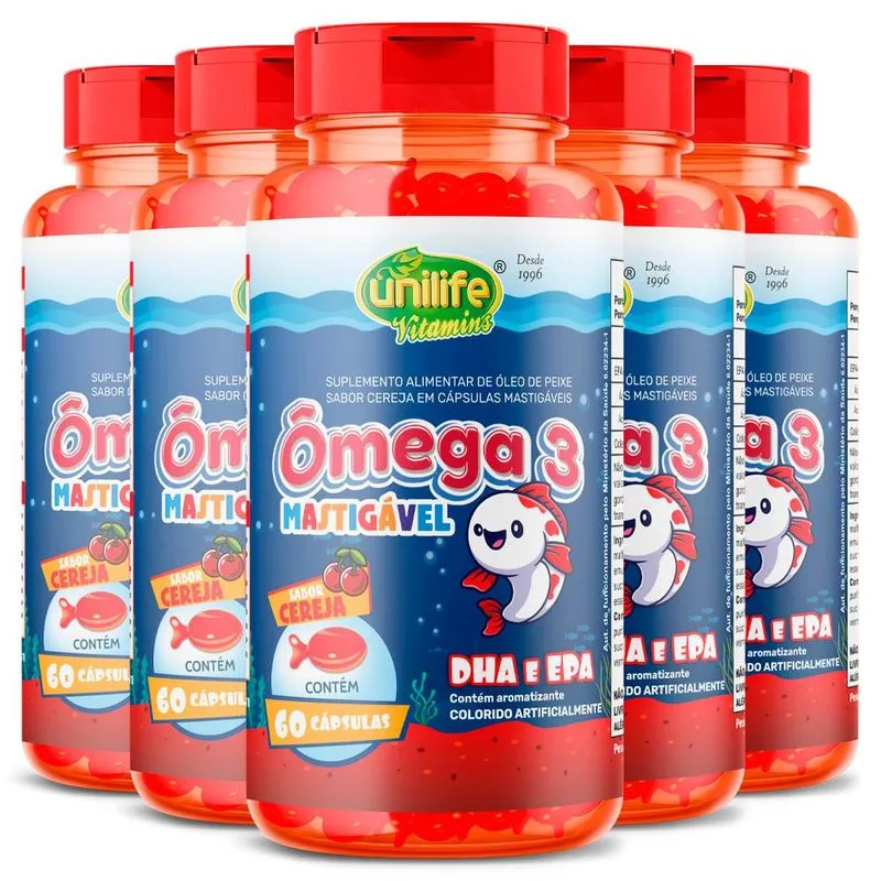 Kit 5 Ômega 3 Kids Mastigável Unilife Cereja 60 cápsulas