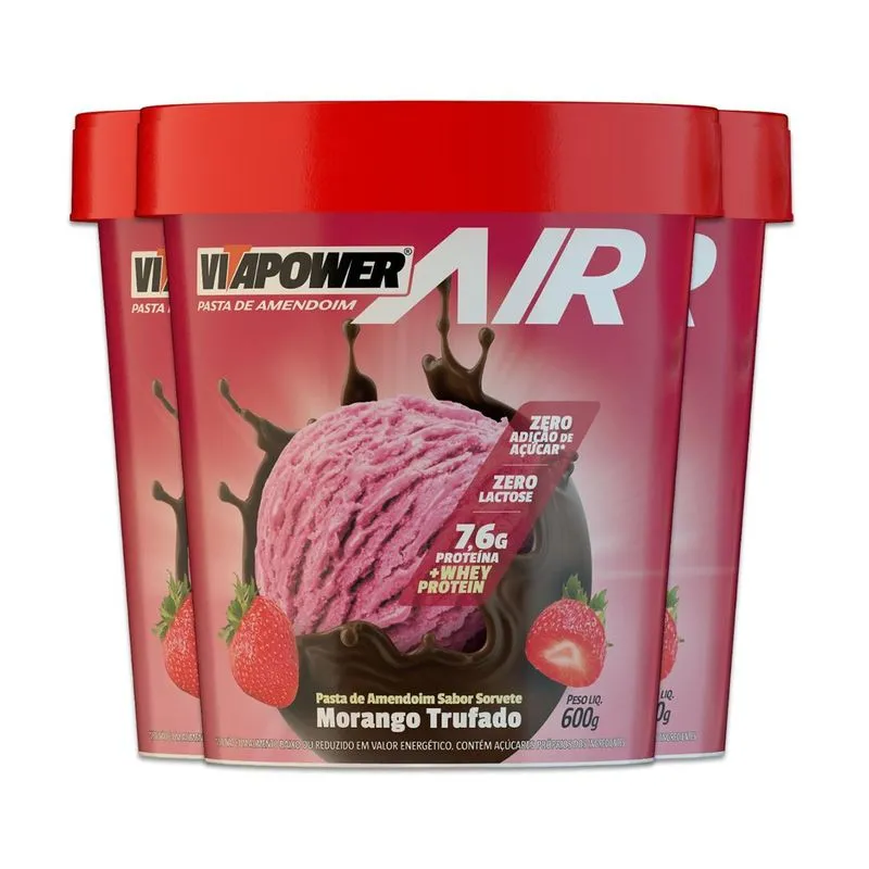 Kit 3 Pasta De Amendoim Vitapower Whey Morango Trufado 600g