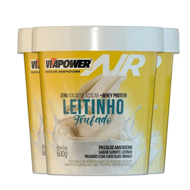 Kit 3 Pasta De Amendoim Vitapower Whey Leitinho Trufado 600g